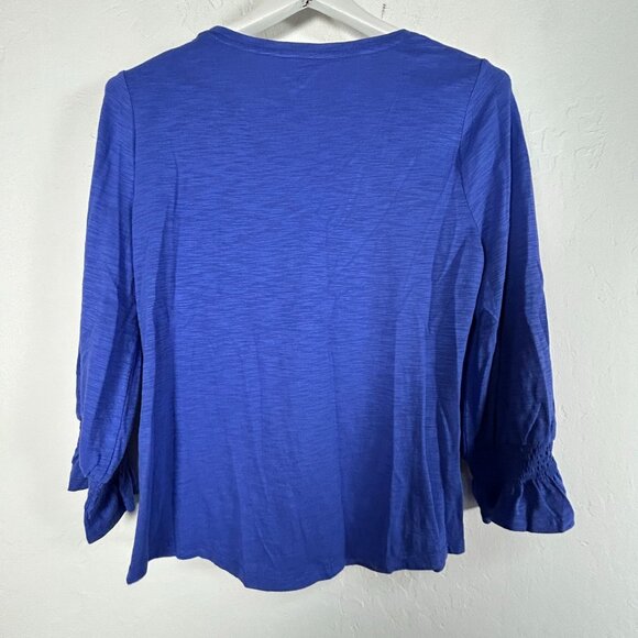 Chico's Womens Smocked 3/4 Sleeve Tee Top Size 1, Medium Blue Scoop Neck Casual - Picture 2 of 8